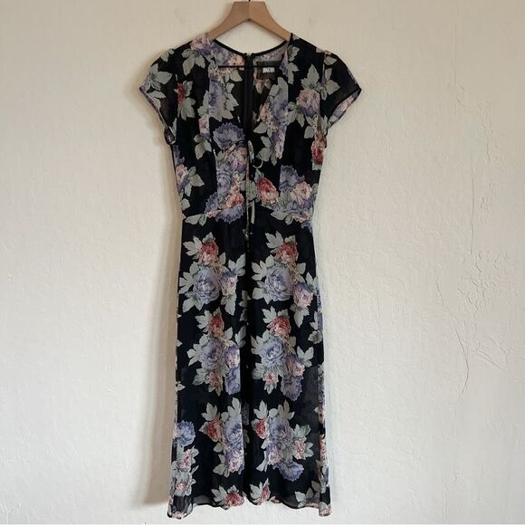 Reformation Short Cap Sleeve V-Neck Tie Front Midi Dress size 2 Brookvale Floral - Picture 1 of 6